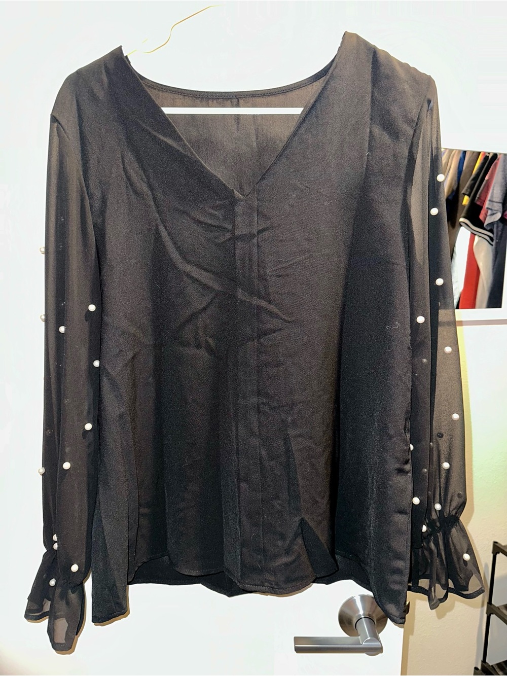 Black Pearl-Trim Sheer Sleeve V-Neck Blouse